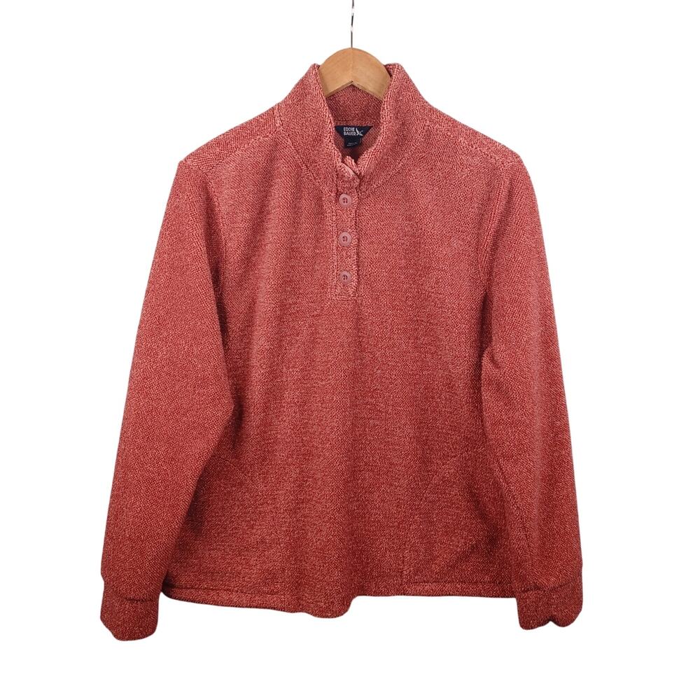 Eddie Bauer Women's 1/4 Button Fleece Pullover Sweater Size L Mauve Cozy Outdoor